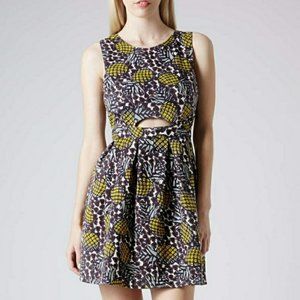 TOPSHOP brown yellow pineapple print cotton sleeveless fit and flare cutout 8